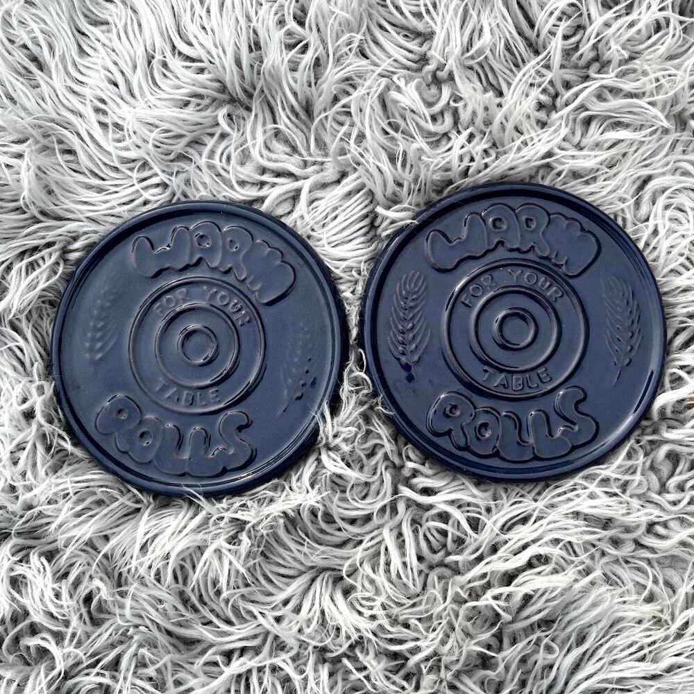 Set of 2 Vintage Frankoma 250 Warm Rolls For Your Table Bread Tile Blue Trivet